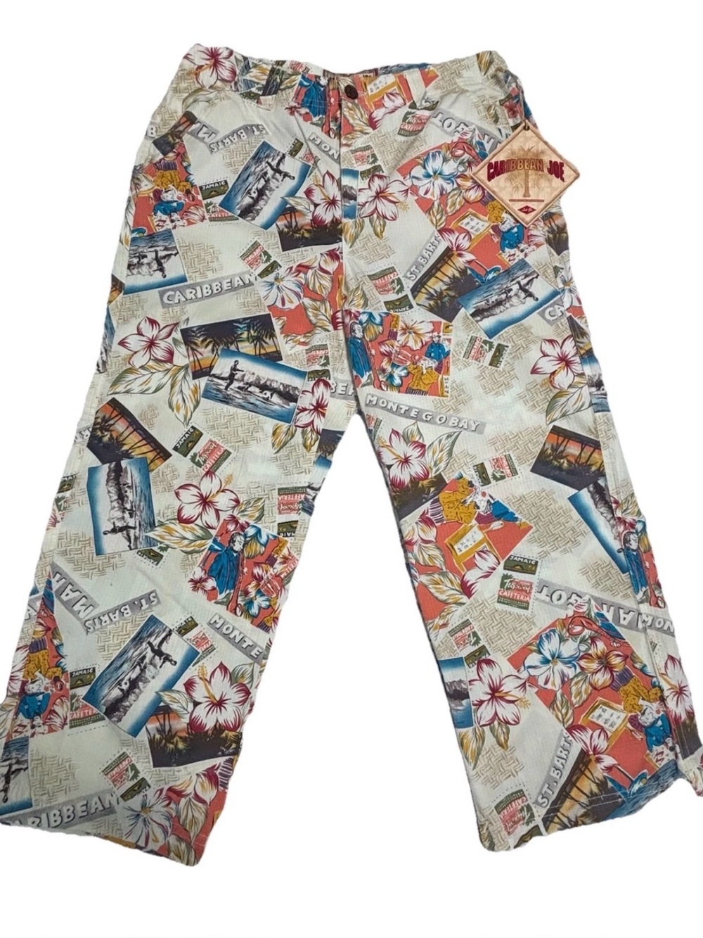 Caribbean Joe Capri Pants Womens 10 Tropical Postcard Print Cotton Resort Beach